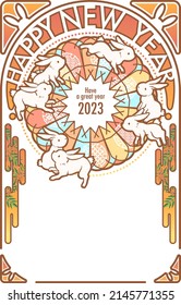 2023 New year greeting. year  of the rabbit.Rabbits jump with art nouveau style. 