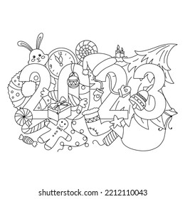 2023 New Year hand drawn doodles as Christmas tree, gift, wreath, rabbit, garland, clock, firecracker, candles, mittens, bell, gingerbread man. Vector children coloring page