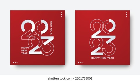 Año nuevo 2023. Feliz año nuevo 2023 plantilla cuadrada sobre fondo rojo