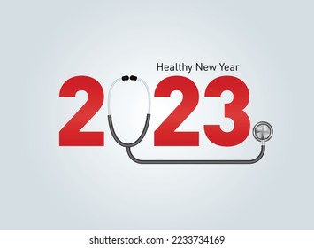 2023 new year Healthcare concept. Healthy new year- creative vector illustration for 2023 new year. Doctor stethoscope with smiling heart and blue background.