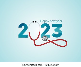 2023 new year Healthcare concept. Healthy new year- vector creative illustration for 2023 new year. Doctor stethoscope with smiling heart and blue background.
