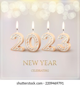 2023 New Year holiday party celebrating, greeting card vector illustration. 3d realistic gold New Year text, 2023 candle numbers with icing and fire, candlelight decor for romantic celebration