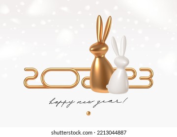 2023 new year illustration with realistic 3d golden logo and rabbit on a white background with snowflakes. Design for greeting card, invitation, calendar, etc.