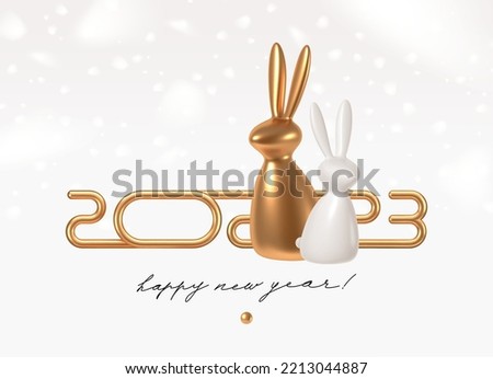 2023 new year illustration with realistic 3d golden logo and rabbit on a white background with snowflakes. Design for greeting card, invitation, calendar, etc.