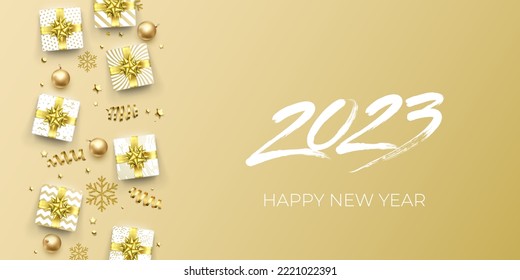 2023 New Year lettering on gold glittering background. Vector New Year Eve sparkle shine and flare glow background with golden 2023