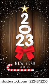 2023 New Year - loading, greeting card with paper numbers, red bow and golden star. Merry Christmas creative design for Xmas sale banner or winter fashion discount template. Vector illustration