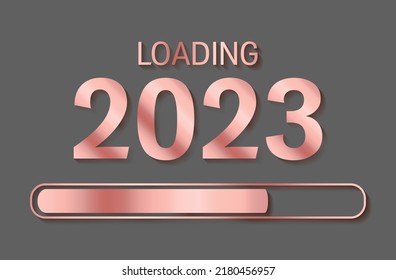 2023 New Year loading progress bar pink gold vector design on gray background. New Year 2023 loading idea. Progress bar rose gold graphic design with shadow, text and number poster, future coming soon