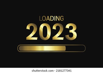 2023 New Year loading progress bar gold vector design on black background. New Year 2023 loading idea. Progress bar gold graphic design, text and number poster, future coming soon