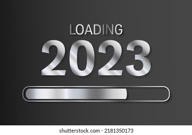 2023 New Year loading progress bar silver vector design on black background. New Year 2023 loading idea. Progress bar gold graphic design, text and number poster, future coming soon