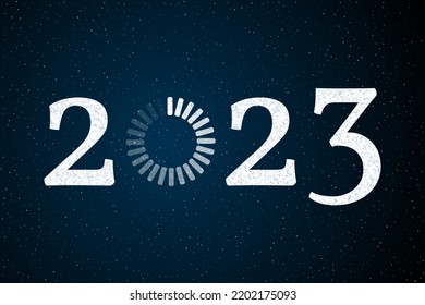 2023 New Year Loading Radial Progress Bar Vector Illustration. White 2023 New Year Loading Circular Progress Bar Vector Design On Dark Blue Background. White Numbers Over Blue