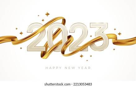 2023 New Year logo with golden paint brushstroke. New Year sign with golden ribbon. Vector illustration.