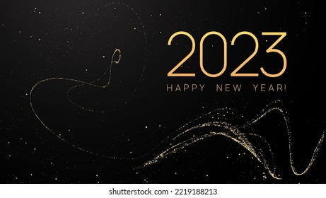 2023 new year magical vector background with golden luxury glitter confetti laying on black backdrop. Gold dust trail motion