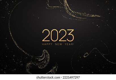 2023 new year magical vector holdiay background with golden luxury glitter confetti laying on black backdrop. Gold dust trail motion