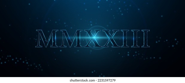 2023 New Year. MMXXII Roman Numerals form lines and triangles, points connecting networks on blue background. Illustration vector