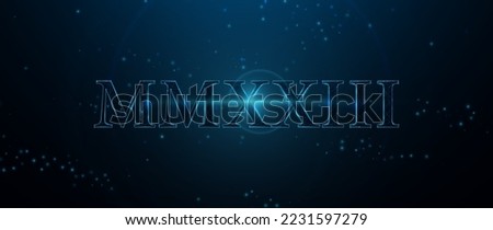 2023 New Year. MMXXII Roman Numerals form lines and triangles, points connecting networks on blue background. Illustration vector