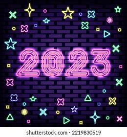 2023 New Year Neon quote. Bright signboard. Light banner. Modern trend design. Vector Illustration