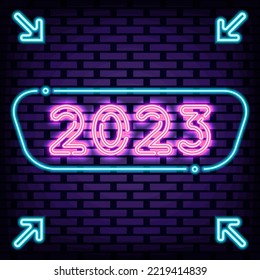 2023 New Year Neon sign. Glowing with colorful neon light. Light art. Isolated on black background. Vector Illustration