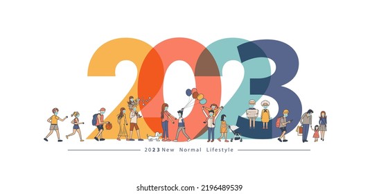 2023 New year with New normal lifestyle ideas concept. People wearing mask in flat big letters design. Vector illustration modern layout template