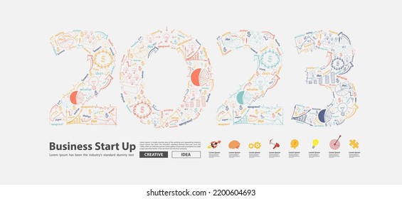 2023 new year number design with drawing charts and graphs business plan ideas concept, vector illustrations template