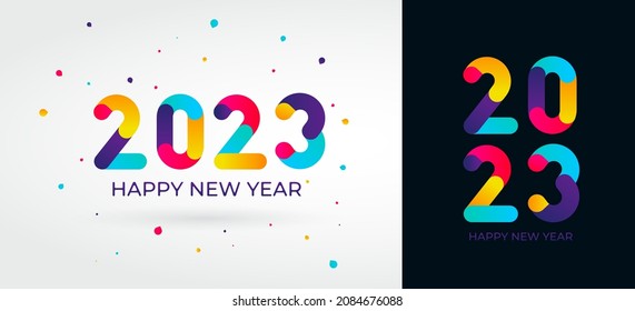 2023 New Year numbers with gradient color. 2023 Happy New Year logo text design. Vector number design template. Greeting card template. Christmas symbols for your design. Illustration with labels.