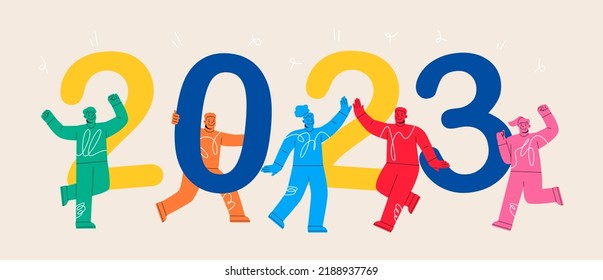 2023 New Year numbers and group of happy people, friends or colleagues celebrating Christmas party. Colorful vector illustration
