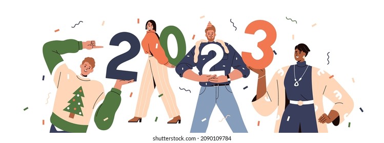 2023 New Year numbers in hands of happy people. Holiday banner with corporate team celebrate NewYear and rejoice. Flat vector illustration of merry friends with confetti isolated on white background