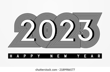 2023 New Year optical illusion style. Minimal op art abstract calendar header. Swiss Design poster with numbers. Modern psychedelic bauhaus pattern. Contemporary geometric greeting card.