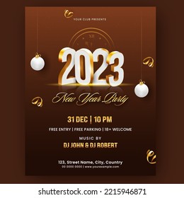 2023 New Year Party Flyer Design With Baubles, Golden Curl Ribbons And Event Details.