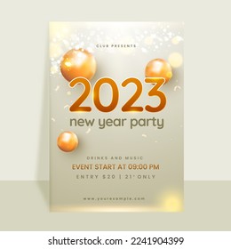 2023 New Year Party Invitation Card With 3D Balls And Event Details On Gray Confetti Bokeh Background.`