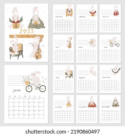 2023 new year of the rabbit calendar template design. Symbol of the year in the Chinese horoscope. Planner for new year. Set for 12 months. Vector A4 card, cartoon flat style hand drawn illustration