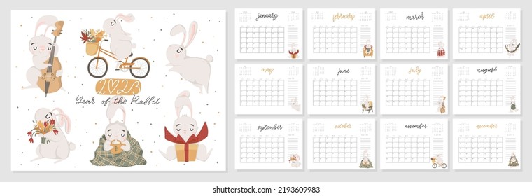 2023 new year of the rabbit calendar template design. Symbol of the year in the Chinese horoscope. Planner for new year. Set 12 months. Vector A4 horizontal cartoon flat style hand drawn illustration