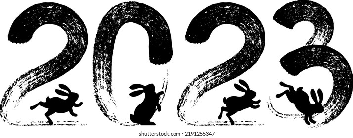 2023 New Year with rabbit. Year of the rabbit. Decorative brush numbers. Art lettering. Chinese horoscope. Creative text for a greeting cards. Calendar header template.