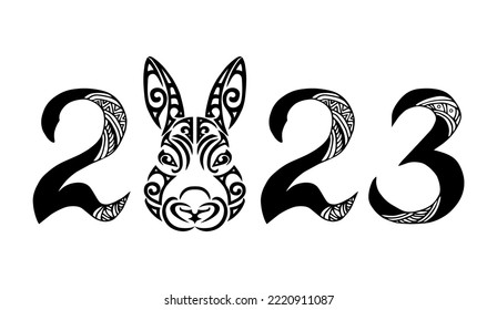 Año Nuevo 2023 con cabeza de conejo. Ilustración vectorial aislada en fondo blanco.