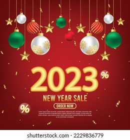 2023 New year sale social media post or promotional Template with Christmas decoration