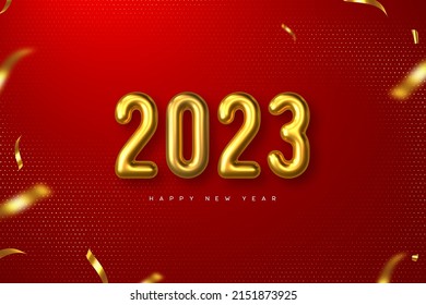 2023 New Year sign. 3d metallic golden numbers on red background. Gold realistic 2023. Vector illustration.