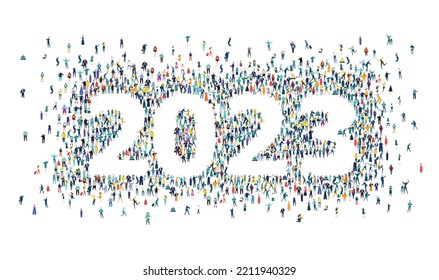 2023 New year sing made of many people. Crowd of people differentiations ages and professional backgrounds 