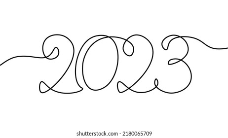 2023 New Year single continuous line art. Holiday greeting card headline decoration. Date numbers concept design. One sketch outline drawing white vector illustration