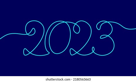 2023 New Year single continuous line art. Holiday greeting card headline decoration. Date numbers concept design. One sketch outline drawing white vector illustration