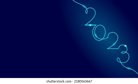 2023 New Year single continuous line art. Holiday greeting card headline decoration. Date numbers concept design. One sketch outline drawing white vector illustration