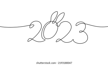 2023 New Year single continuous line art. Holiday greeting card headline decoration. Date numbers concept design. One sketch outline drawing white vector illustration