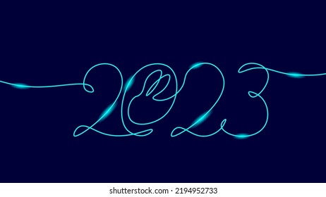 2023 New Year single continuous line art. Holiday greeting card headline decoration. Date numbers concept design. One sketch outline drawing white vector illustration