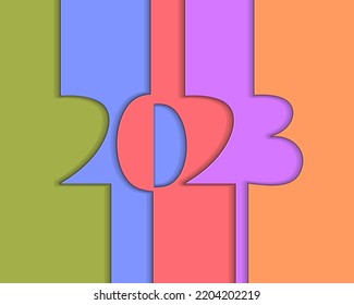 2023 New Year single continuous line art. Holiday greeting card headline decoration. Date numbers concept design. One sketch outline drawing colored vector illustration