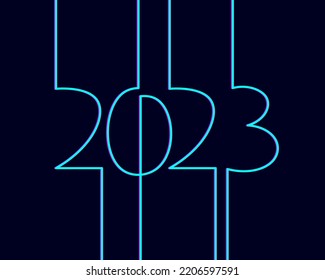 2023 New Year single continuous line art. Holiday greeting card headline decoration. Date numbers concept design. One sketch outline drawing vector illustration