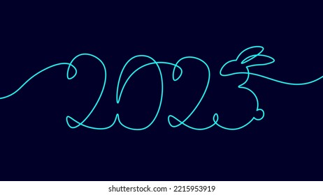 2023 New Year single continuous line art. Holiday greeting card headline decoration. Date numbers concept design. One sketch outline drawing white vector illustration