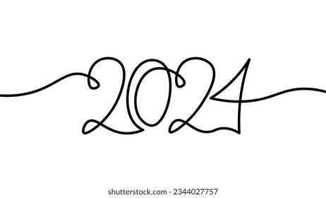 2023 New Year single continuous line art. Holiday greeting card headline decoration. Date numbers concept design. One sketch outline drawing white vector illustration