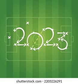 2023 New Year Soccer strategy for goal, white arrows, green field of stadium in background