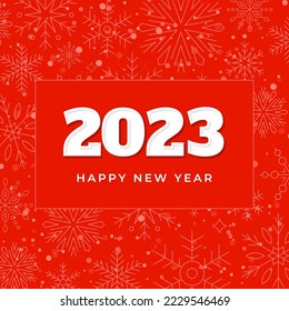 2023 New Year square greeting card or banner on red background with snowflakes