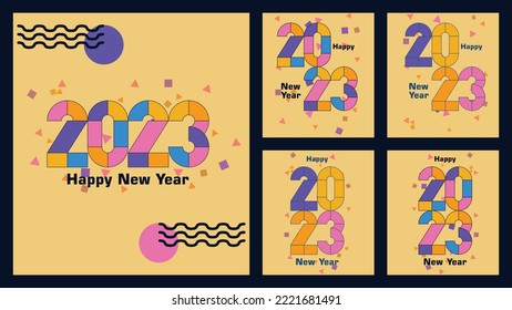 2023 New Year Square Poster Set with creative concept. Shaped creative concept for the new year 2023. 