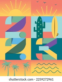 2023 (new year) summer design using shapes with birds, sun, cactus, surfboard, palm trees and waves. 