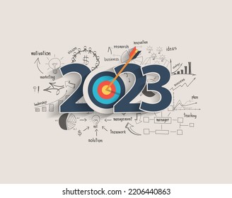 2023 new year target audience concept, Creative thinking drawing charts and graphs business success strategy plan idea on target dart with arrow, Vector illustration modern layout template - Shutterstock ID 2206440863